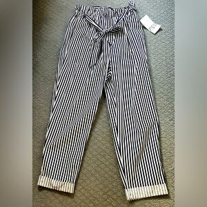 Zara Navy and White Striped Pants with ruffled top and waist tie NWT
